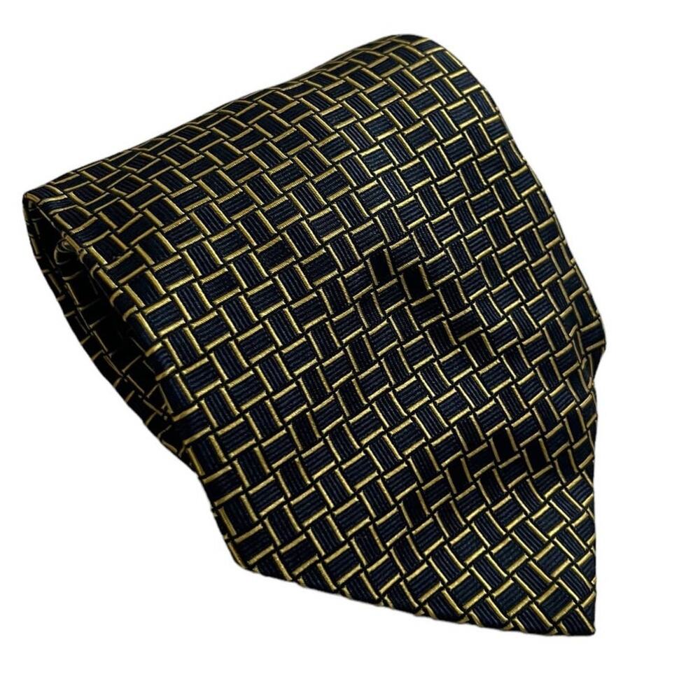 Polo University by Ralph Lauren Navy Gold Rectangle Lattice Geometric Silk Tie